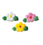 Sugar Decorations | Small Flowers with leaf  Ø 25 mm - 378 pieces, 3 Colours